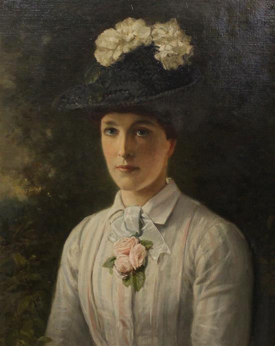 J. Wallis Portrait of a young lady wearing flowers in her hat